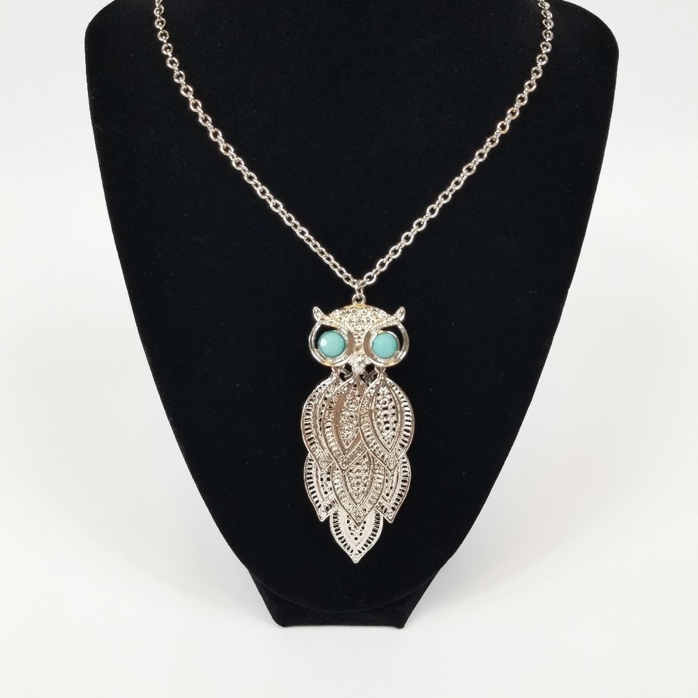 Mudd Silver-Tone Filigree Owl Necklace with Turquoise Eyes